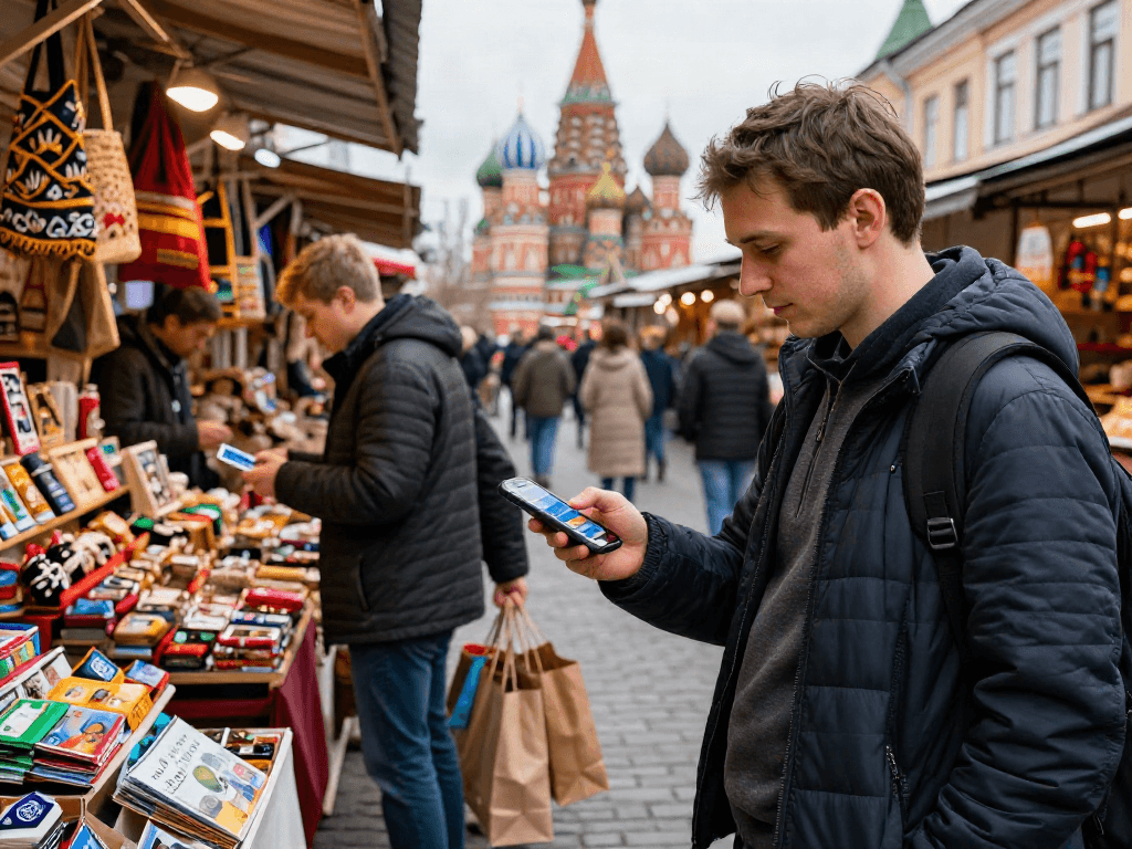 Pago fácil con https://payinrussia.com/ en un mercado ruso, mostrando la experiencia de los turistas.