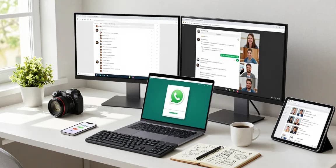 Engaging with WhatsApp電腦版 in a modern home office setting, showcasing a user interacting with multiple tech devices.