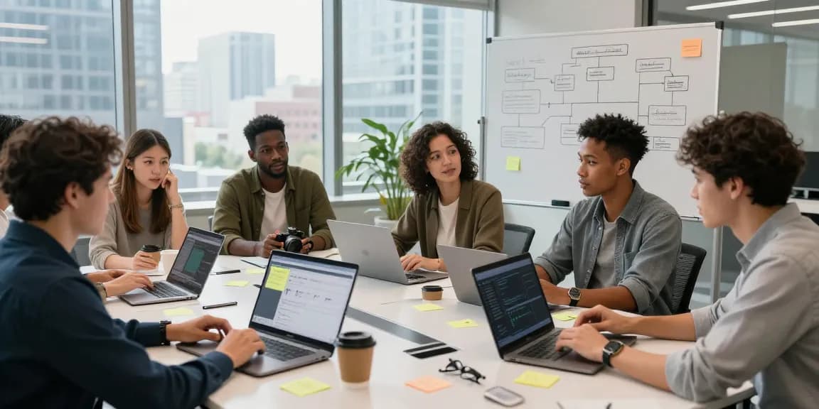 Team collaborating to build internal tools with AI in a modern office, featuring laptops, a whiteboard, and city views.