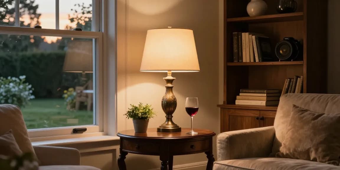 Bronze table lamp illuminating a cozy living room, adding warmth and elegance.