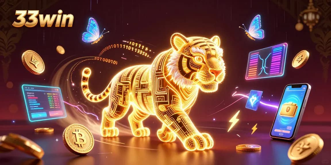 Experience dynamic gaming at 33win with a golden tiger and vibrant cryptocurrencies.