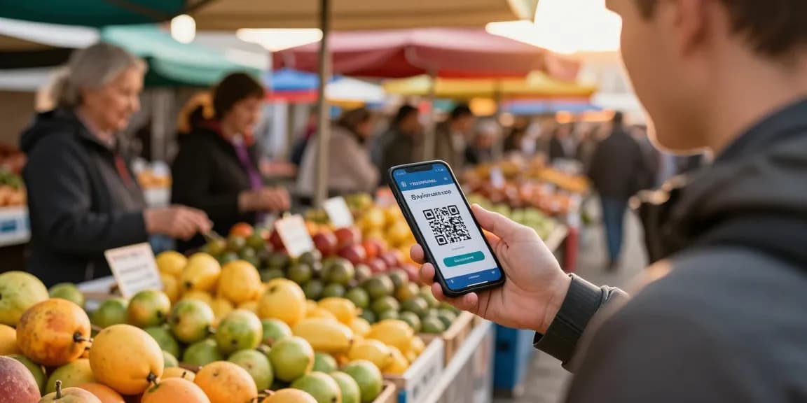 Interacción de un viajero utilizando https://payinrussia.com/ en un mercado local con vendedores y frutas frescas.