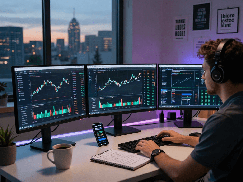 La imagen muestra un inversor en criptomonedas analizando el precio usdt en su ordenador en un entorno moderno.