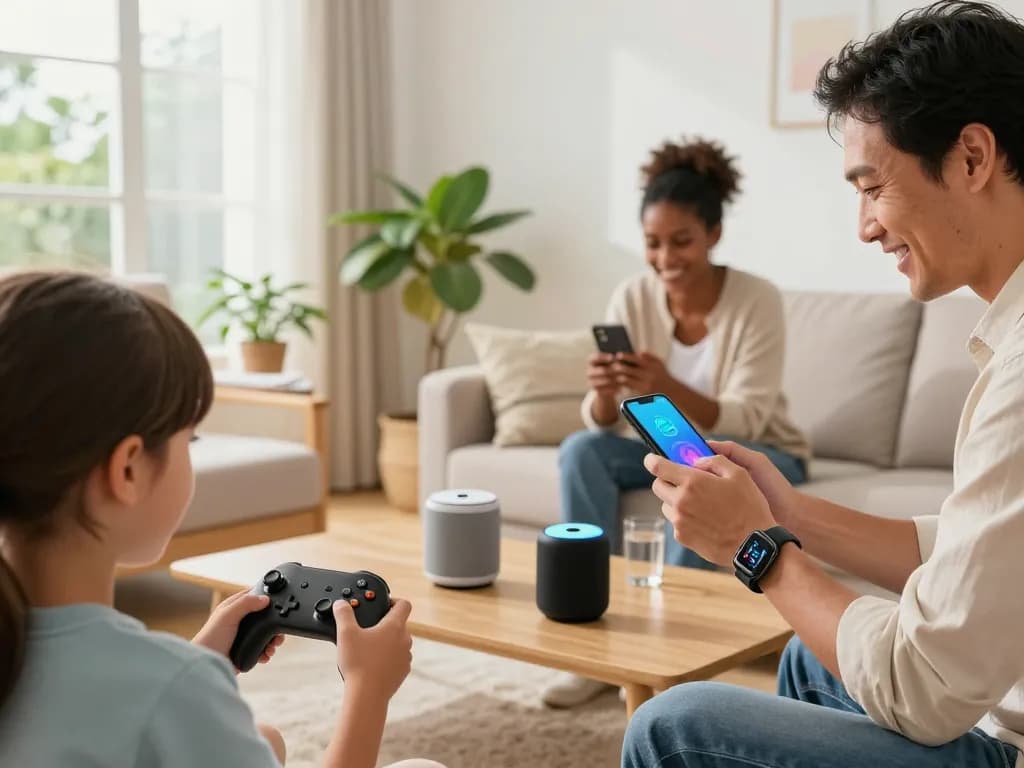 Family enjoying smart tech gadgets, including Bluetooth game controllers and smartwatches, in a bright modern living room.