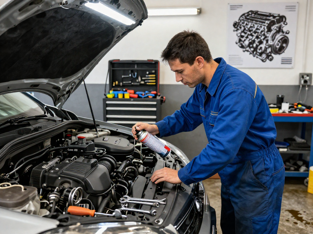 El limpiador de carburadores en manos de un mecánico mientras inspecciona un motor en un taller.