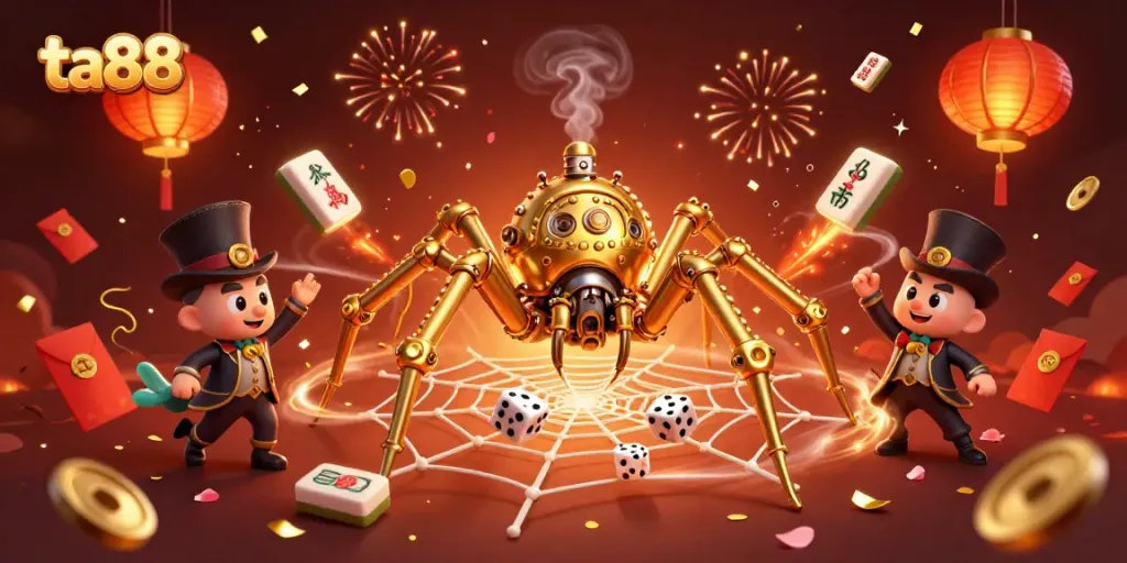 Engaging scene showcasing ta88's steampunk spider and casino elements, perfect for online gambling promotion