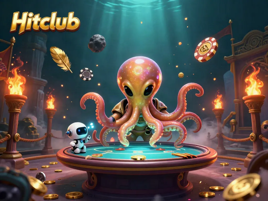 Experience thrilling gameplay at Hitclub with an alien octopus at a holographic poker table, surrounded by vibrant casino elements.