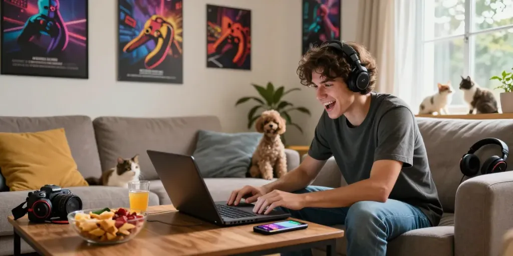 Engaging gaming session at home with rokok88 login on screen, showcasing casual entertainment.
