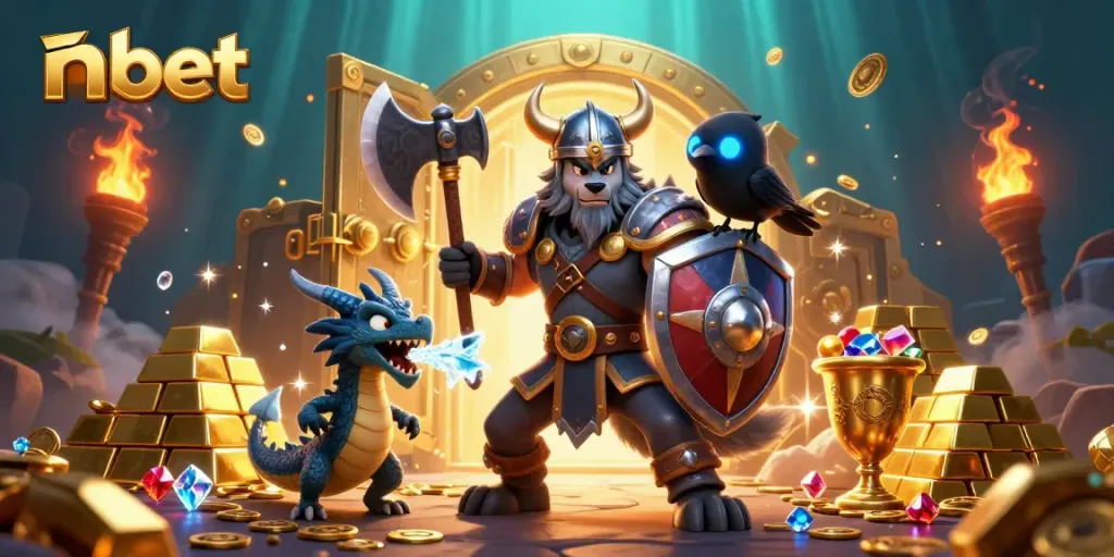 Engage with interactive nbet slots featuring a Viking warrior, dragon, and animated treasures.