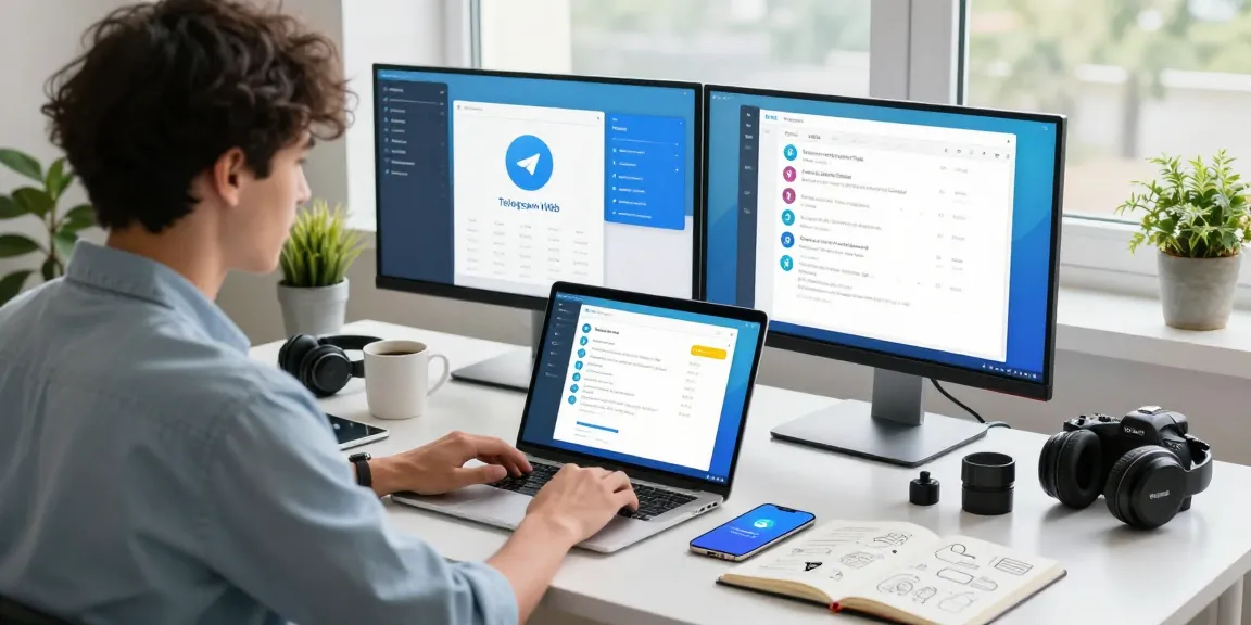 Engaging workspace scene using Telegram Web on a laptop, showcasing dynamic workspace with tech details.
