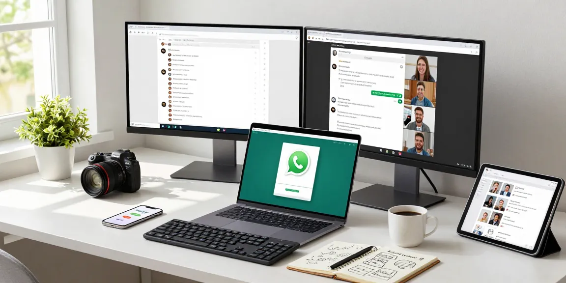 Engaging with WhatsApp電腦版 in a modern home office setting, showcasing a user interacting with multiple tech devices.