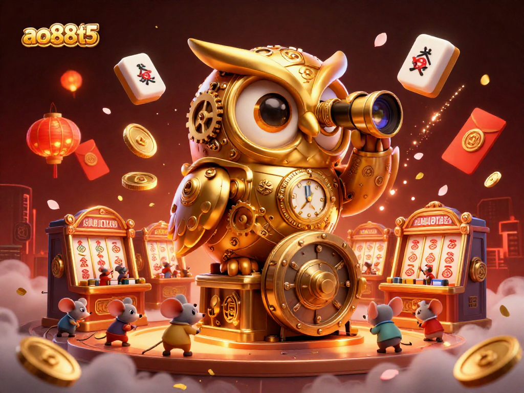 A 3D cartoon owl overseeing the ao88t5 casino action with vibrant slot machines and festive elements.