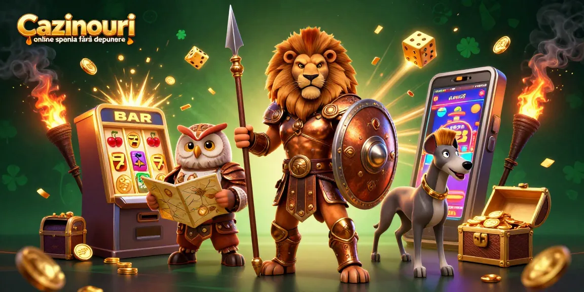 Cazinouri online spania fără depunere showcases an exciting 3D scene with slot machines, jackpot emojis, and animated characters.