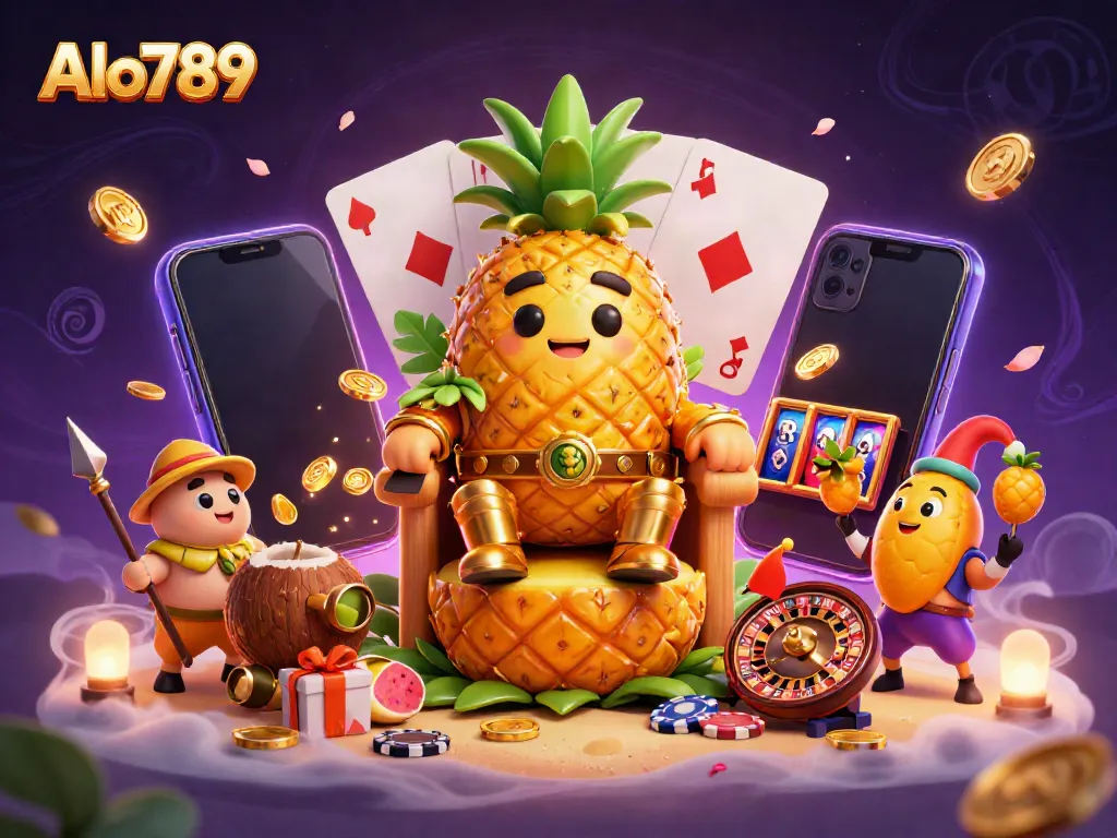 Experience the vibrant excitement of Alo789 with this lively casino scene featuring a golden pineapple king and his whimsical companions.
