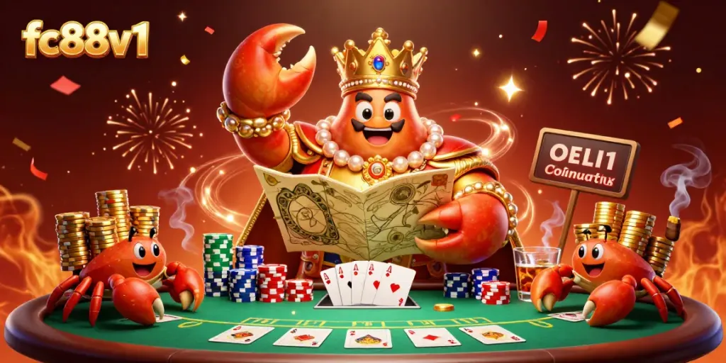 Experience the thrilling games at fc88v1 with a grand crab emperor presiding over a vibrant poker scene.