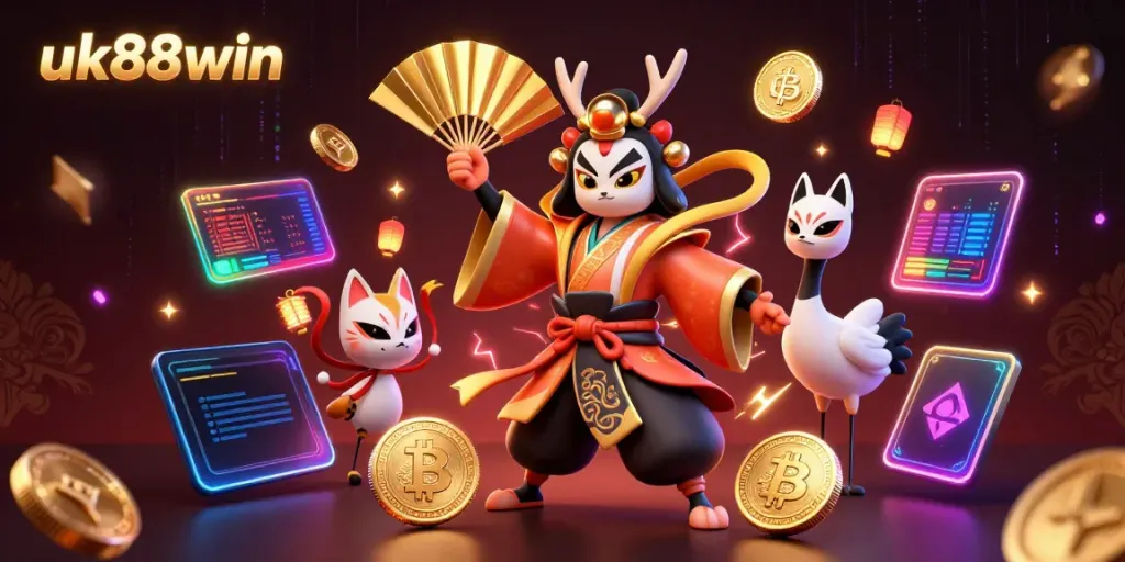 Engage in thrilling action with uk88win’s vibrant casino illustration featuring characters amidst glowing cryptocurrencies.