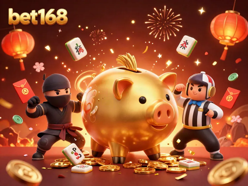 Experience thrill with bet168 as golden piggy bank sumo wrestlers battle in an animated casino scene.