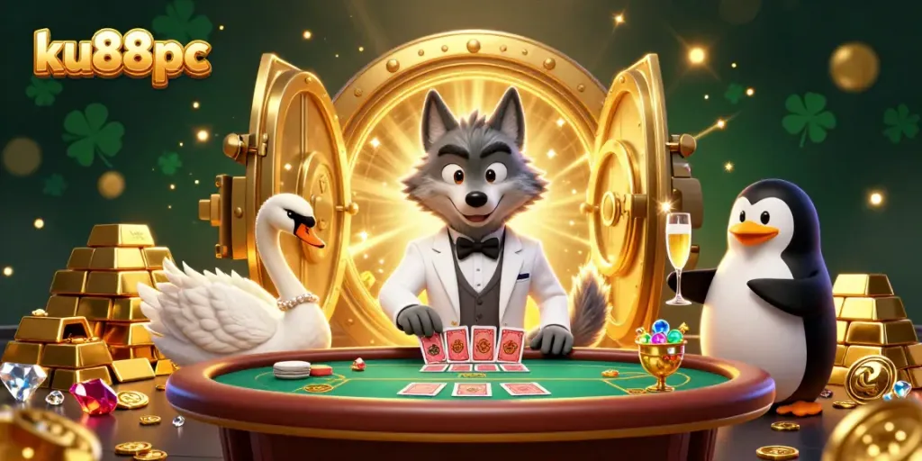 Experience thrilling gaming excitement at ku88pc with a dynamic baccarat scene featuring a debonair wolf, swan dealer, and penguin sommelier.