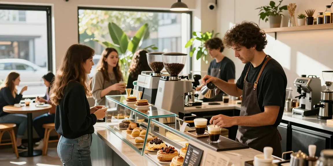 rokok88 coffee brewing scene with barista at vibrant café