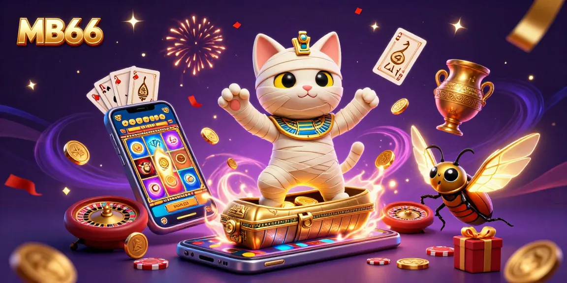 Experience the thrill of MB66 gaming with a vibrant 3D pyramid casino scene featuring slots and vibrant characters.