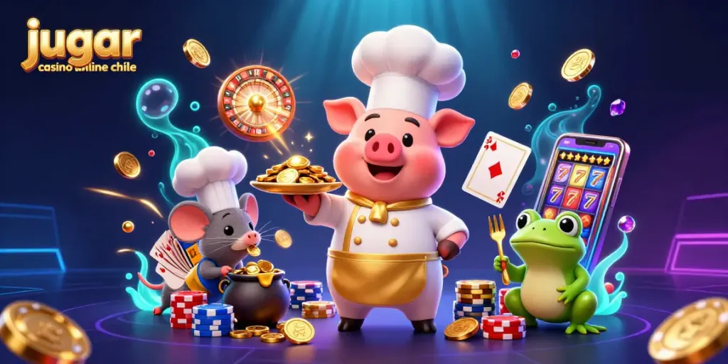 Jugar casino online Chile, chefs divertidos preparan monedas de oro en un mundo de juegos.