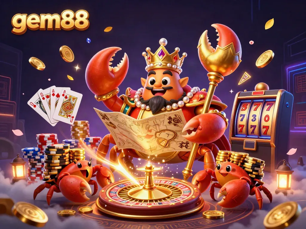 Join the gaming excitement at gem88 with a lavish casino scene featuring a grand crab emperor and rich gaming elements.