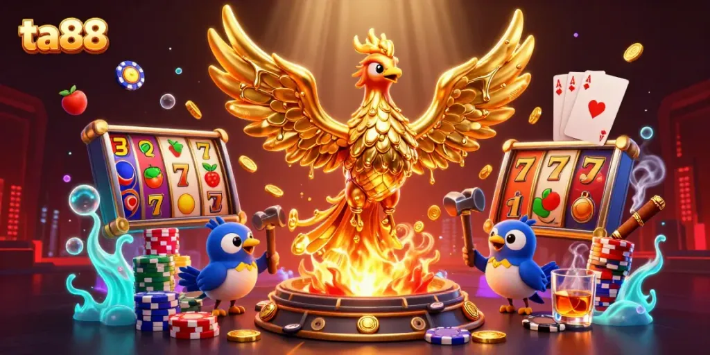 Experience the thrilling energy of online gambling with ta88 in this dynamic 3D casino illustration.
