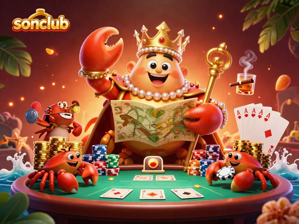 Join the golden crab emperor and his hermit crab servants in sonclub as they celebrate poker victories with colorful chips.