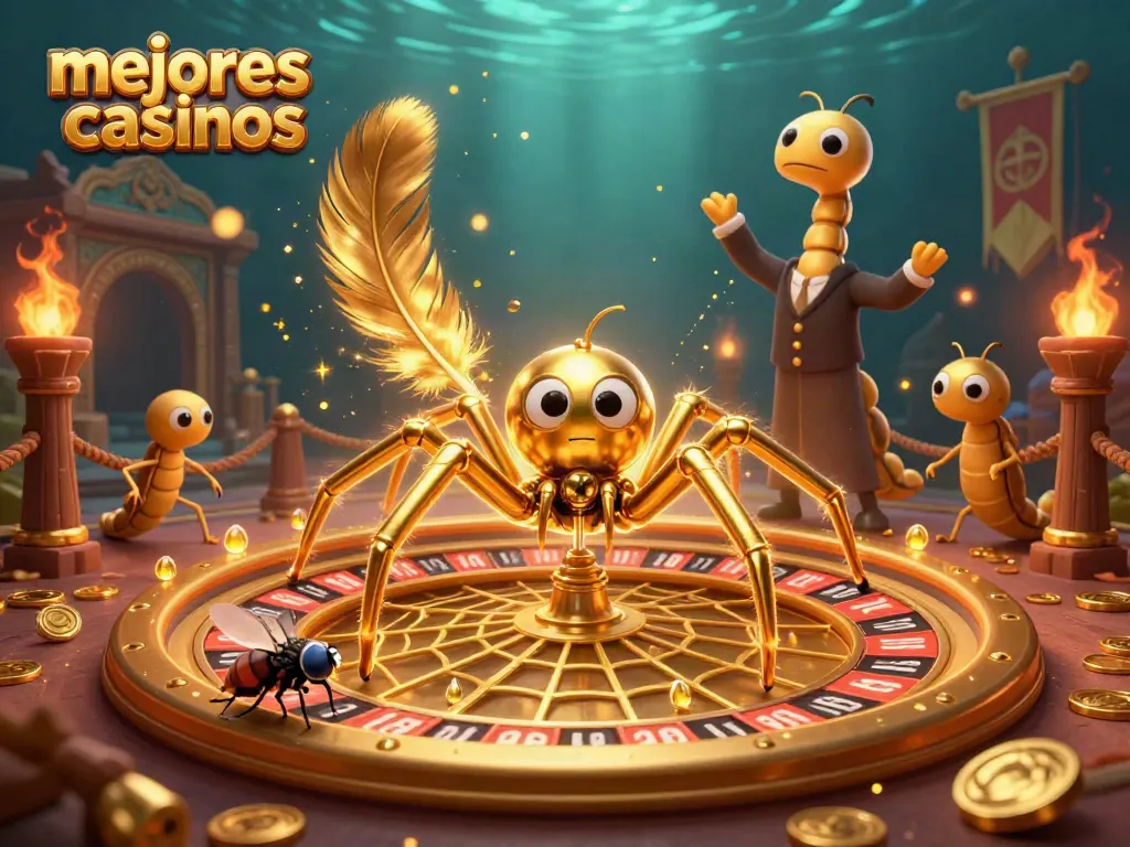 Descubre los mejores casinos con la ilustración de una araña dorada girando una rueda de ruleta.