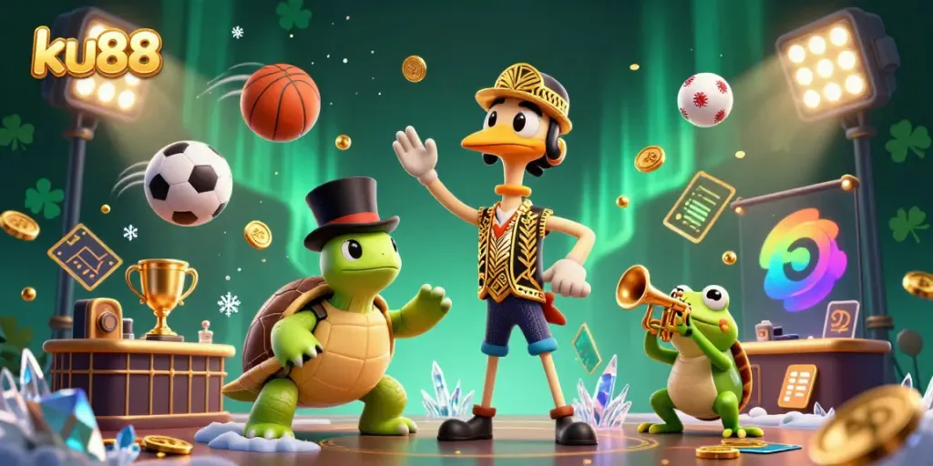 Win big with ku88 in a vibrant 3D casino scene featuring cartoon characters and dynamic game elements.