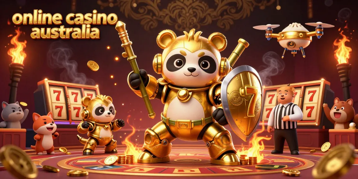 Play at top online casino Australia featuring a mech-suit panda in a vibrant gaming arena.