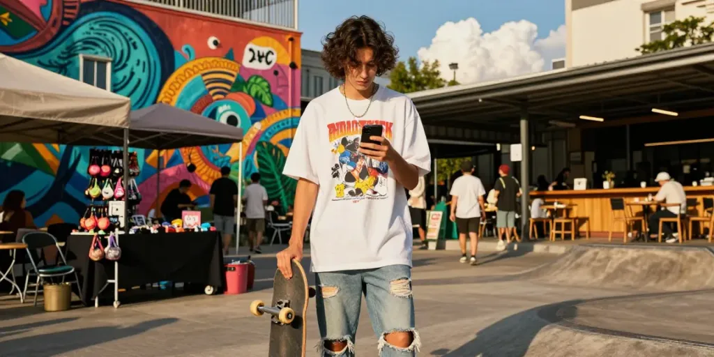 Youth exploring trendy streetwear styles reflecting rokok88 urban culture in vibrant city.