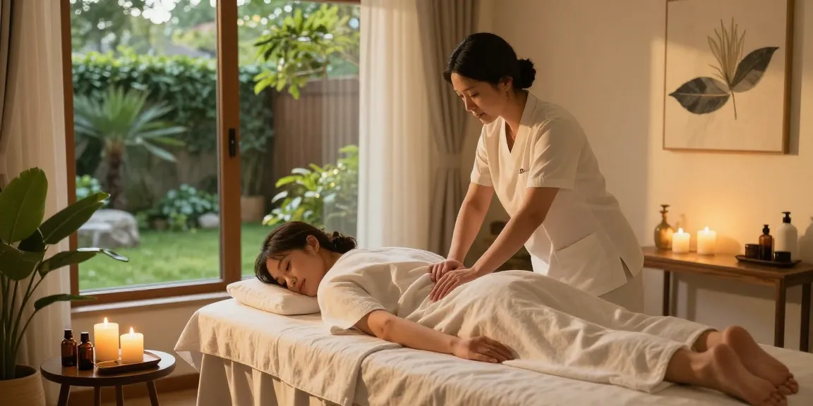 Client enjoying 길동출장마사지 in a calming home setting with aromatic oils and soothing ambiance.