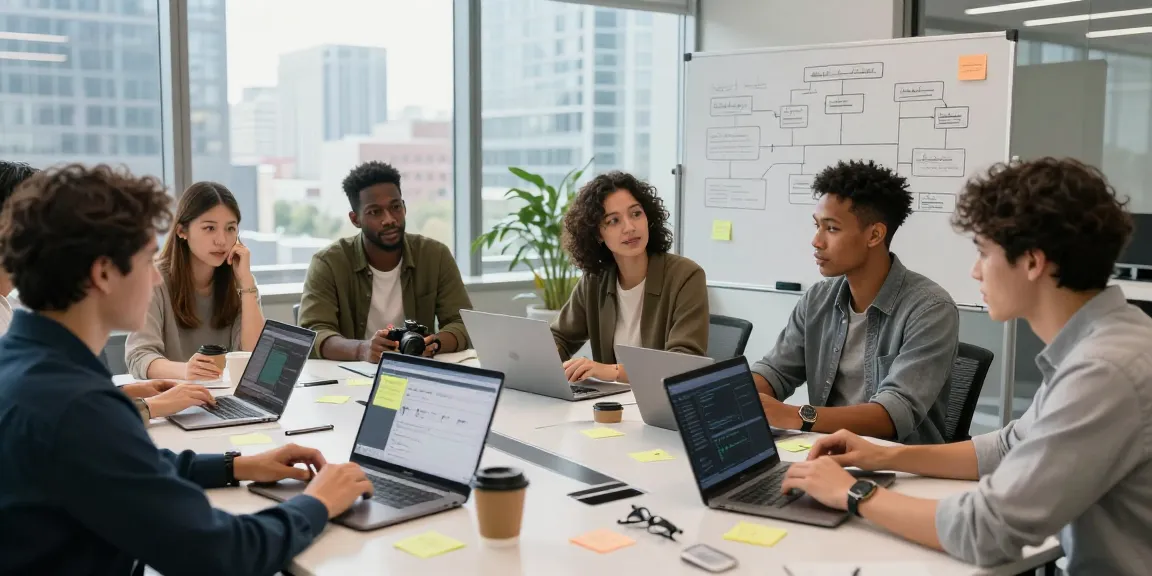 Team collaborating to build internal tools with AI in a modern office, featuring laptops, a whiteboard, and city views.