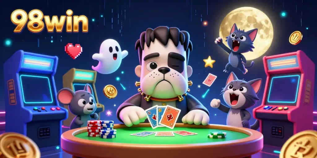Experience thrilling games at 98win with a fun, vibrant casino scene featuring colorful characters.