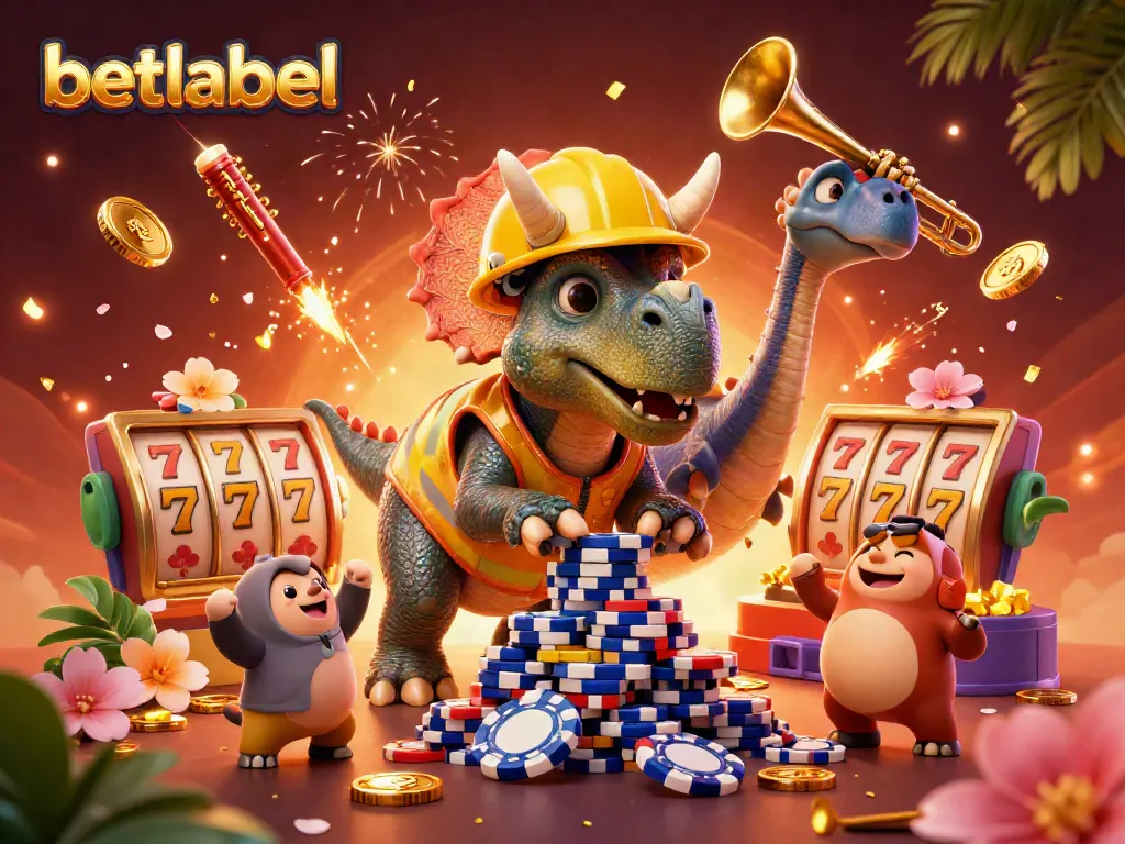 Experience gaming excitement with betlabel as colorful dinosaurs celebrate a casino win.