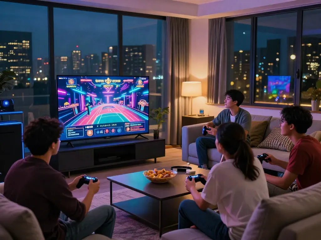Friends enjoying online gaming at https://gem88.bz/ with casino game displayed on TV.