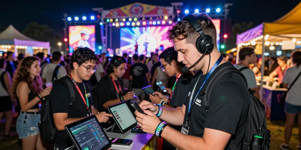 Festival manager scanning pulseras digitales para eventos in a vibrant scene.