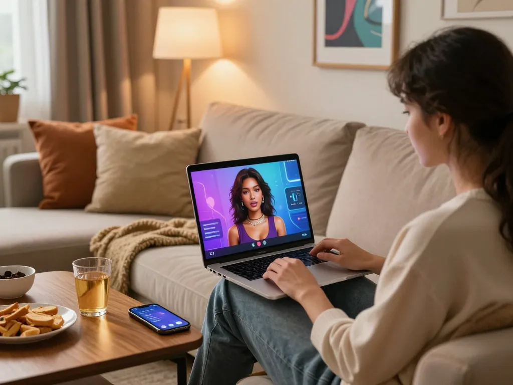 Engaging chat with a spicy AI virtual companion in a cozy living room.