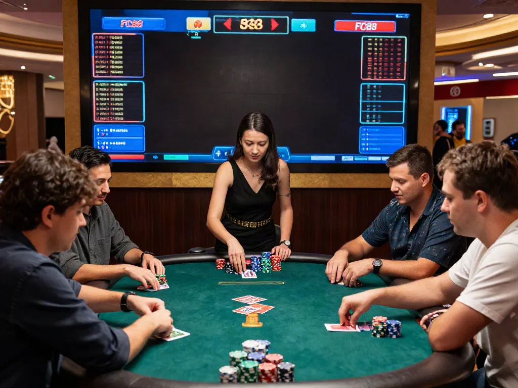 Exciting poker game at FC88 casino, real-time betting displayed, lively atmosphere.