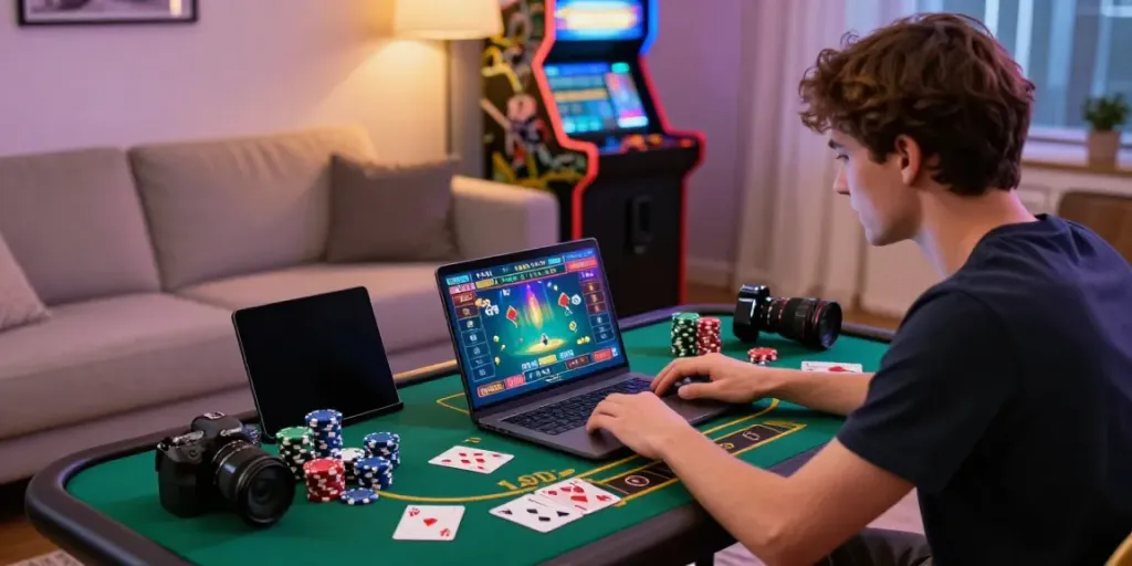 Engaged player at https://sky88tg.com/ enjoying a dynamic online casino experience in a vibrant living room.