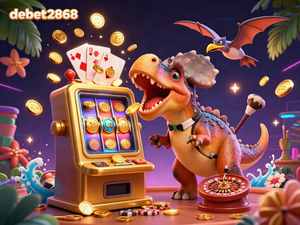 Experience the thrill at debet2868 with a cartoon pachycephalosaurus celebrating a jackpot win at a colorful casino scene.