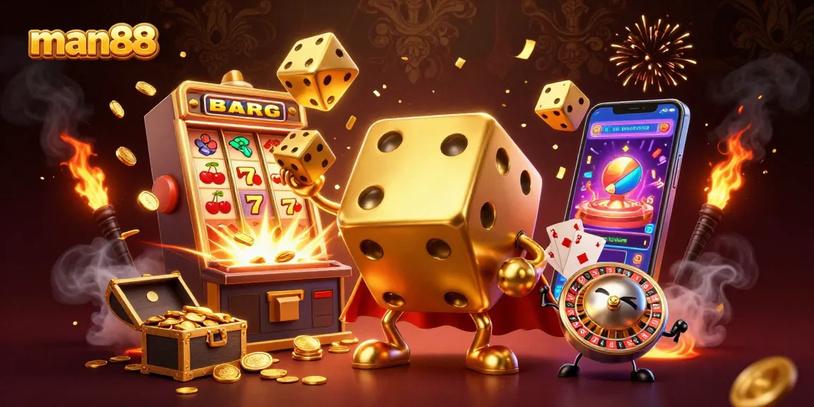 Join the excitement of man88 with a vibrant scene showcasing a golden dice golem and jackpot elements.