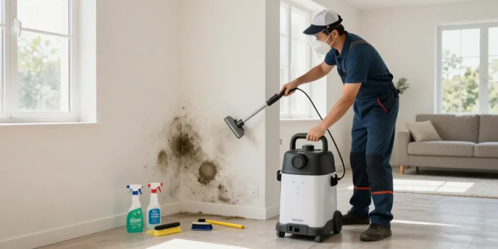 Limpieza y desinfección de moho en Barcelona con técnico usando equipos profesionales y soluciones ecológicas.