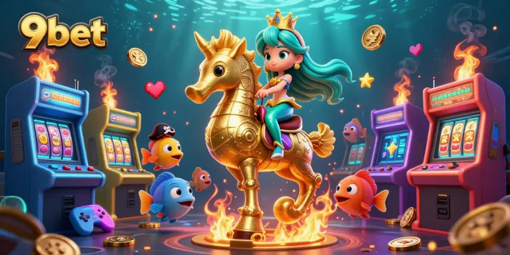 Experience the vibrant world of 9bet, showcasing a colorful underwater casino scene featuring a mermaid princess and her sea friends.