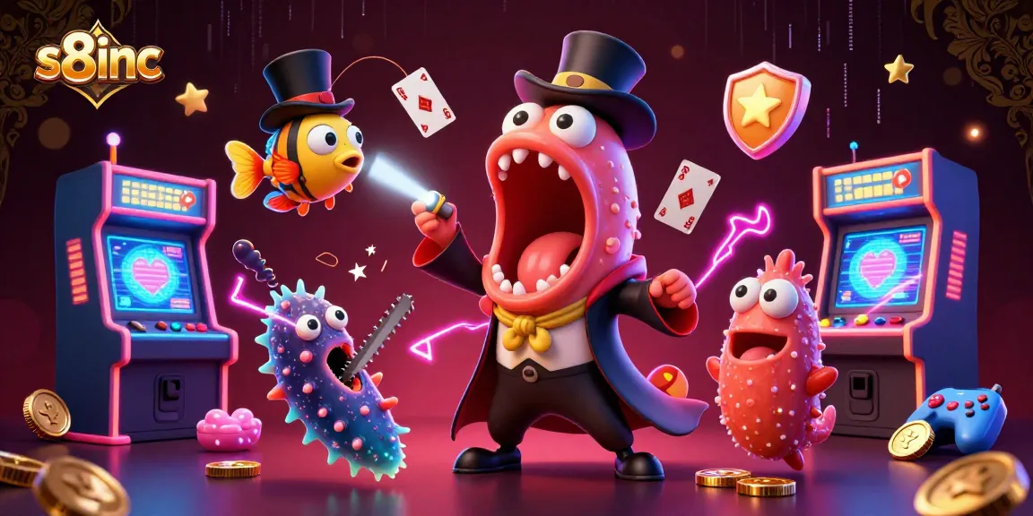 S8inc showcases a captivating 3D illustration of a bioluminescent eel magician performing casino tricks in a colorful gaming environment.