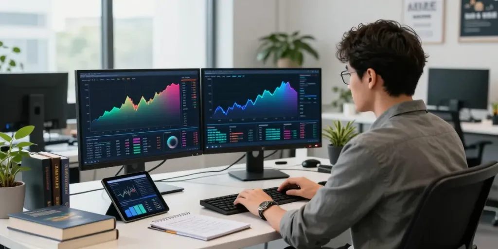 Escena de inversión en criptomonedas con gráficos de Bronce Fondavío y análisis en tiempo real.