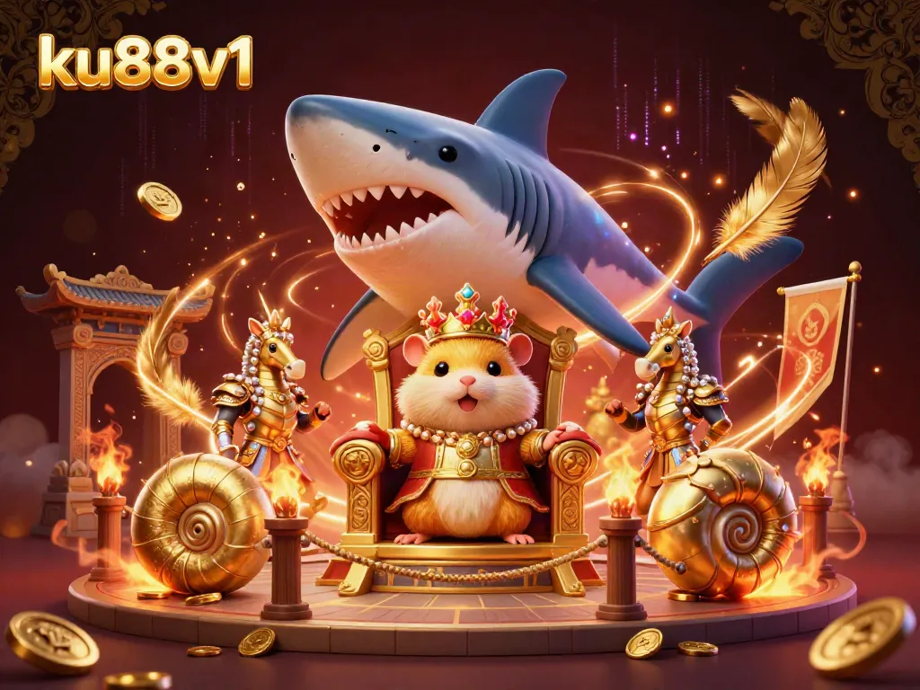 Experience the thrilling atmosphere of ku88v1 with a 3D illustration of a golden hamster king in a dazzling casino setting.