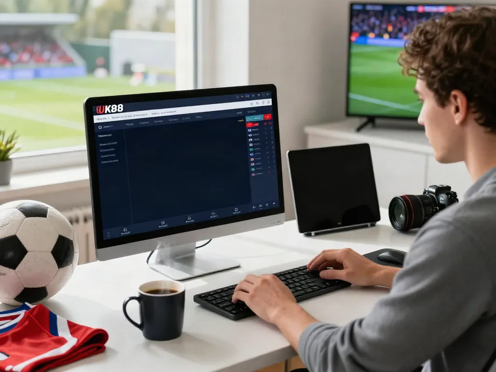 Person engaging with the UK88 betting platform in a modern home office