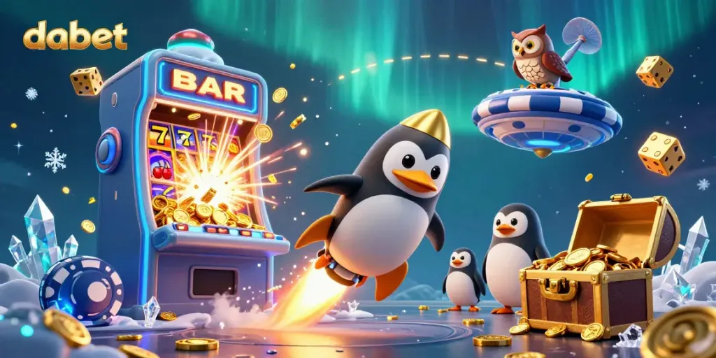 Dabet's exciting 3D casino scene shows a golden penguin and a poker chip space station amidst bursting slot machines and fireworks.